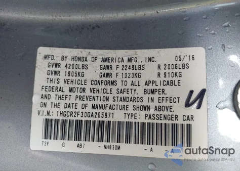 2016 Honda Accord Lx from USA, damaged, VIN 1HGCR2F30GA205971